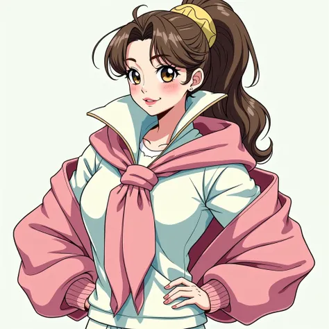 Preppy Anime cartoon girl 1990 Housewife wearing a Massive White Popped Collar Polo with a Pink sweater tied around shoulders being douche