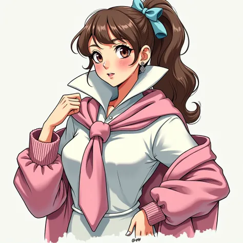 Preppy Anime cartoon girl 1990 Housewife wearing a Massive White Popped Collar Polo with a Pink sweater tied around shoulders being douche