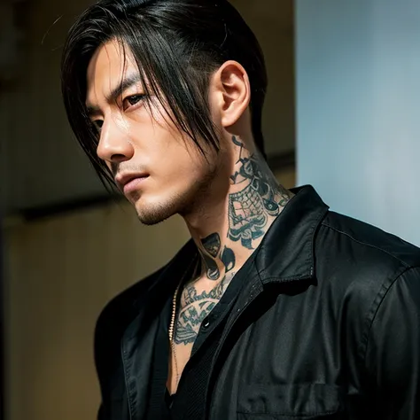 1 man, Japanese man, male, Asian eyes, golden eye color, muscular, broad shoulders, yakuza tattoos, hairstyle Visual Kei style, hair Visual Kei, black mens shirt and black pants, ultra detailed face and eyes , hyperrealistic, realistic representation, long...