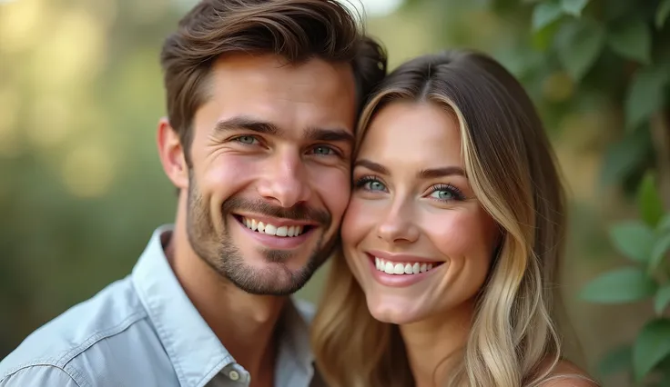  A 28-year-old man  ,  brown hair ,  and blue eyes, very attractive, and a 25-year-old Christian woman, long-haired blonde ,  with blue eyes , very beautiful and attractive, happy newlyweds.