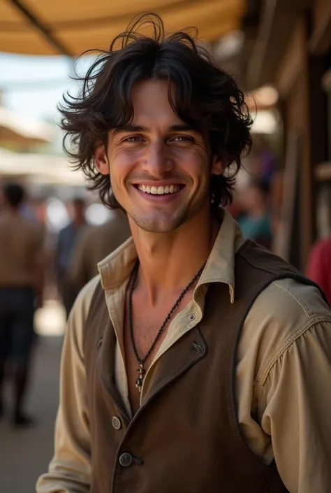 Handsome young man, 20 year old ,disheveled dark hair, tanned skin and an infectious and cheerful smile , in the background of a 19th century market and he wears simple clothes from the 19th century era of a poor man, 