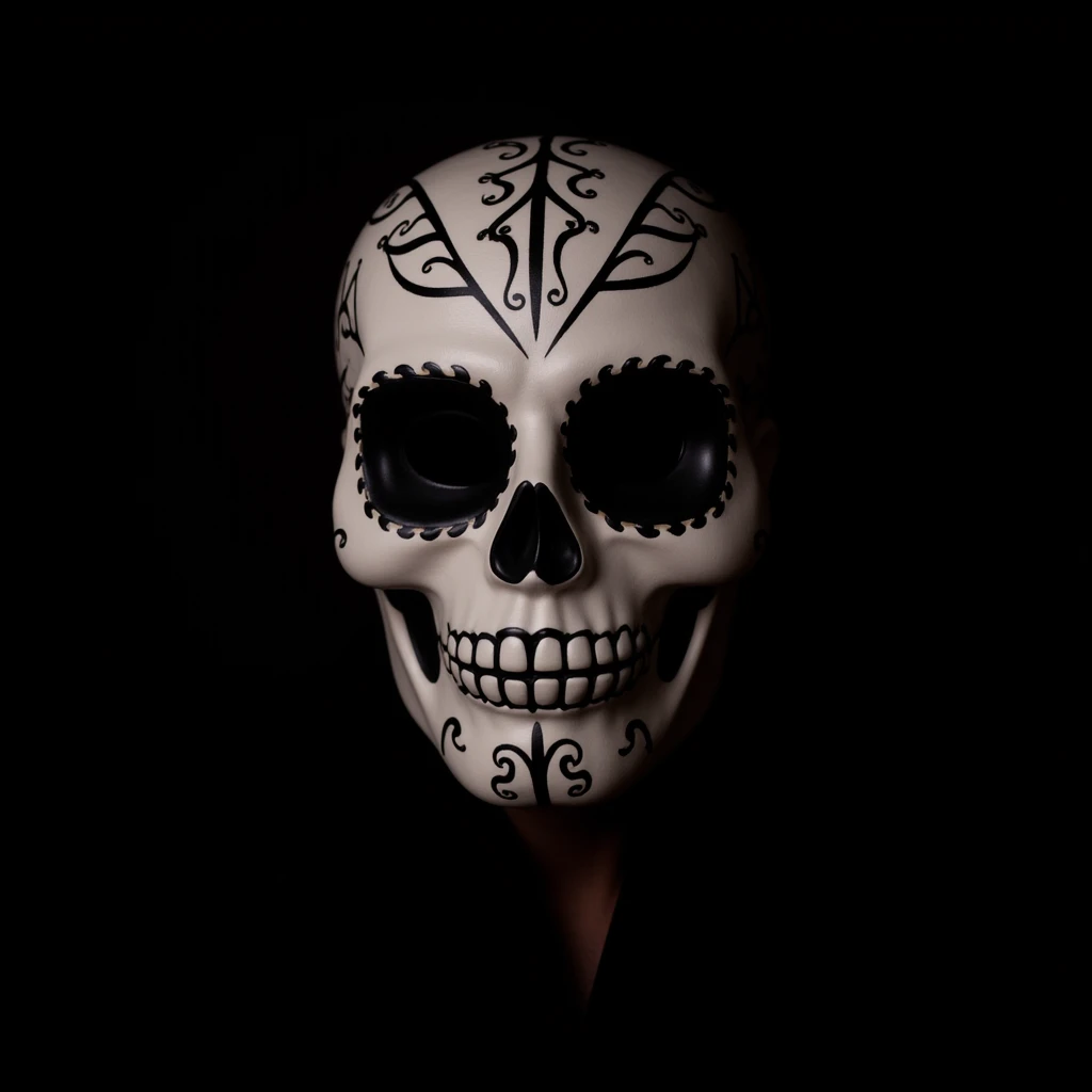 Sugar skull mask Mexican Los Muertos , black plain simple background , mysterious lighting 