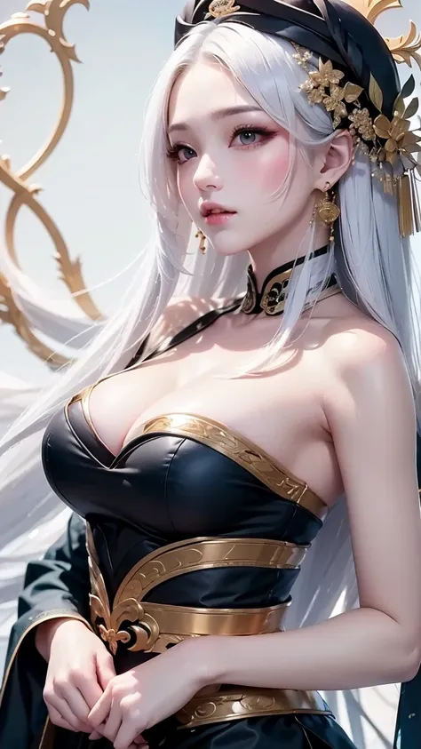 super high quality, masterpiece, Perfect illustration, Very detailed:1.6,　white barance, 1girl, 23 years old, cute girl, white hair, sharp and big beautiful eyes, medium breasts, bright skin. fantasy royalty, onmyoji, majesty, asian dress. black and gold c...