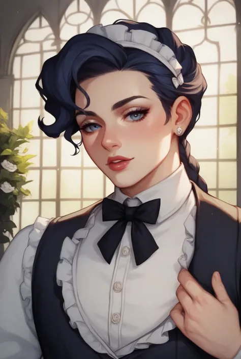 In the overgrown garden of a decaying Victorian mansion at night, a young dandy dressed in a formal suit with a vest and tie passionately embraces a sensual maid in a provocative lace uniform. They stand near a wall covered in ivy and crumbling stone, thei...