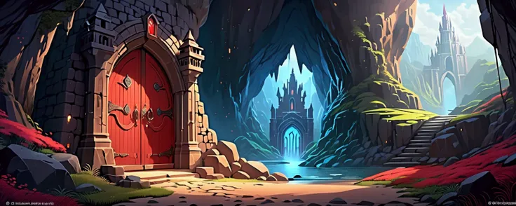  close-up of cartoon picture of castle with red door, in a Dungeon Background, Fantastic Cave, Cave Background,  background art , Some blurry backgrounds ,  Magic Gate Opens , Enter the Empty Spiritual Realm , Dungeon Background,  cave red glowing stone , ...