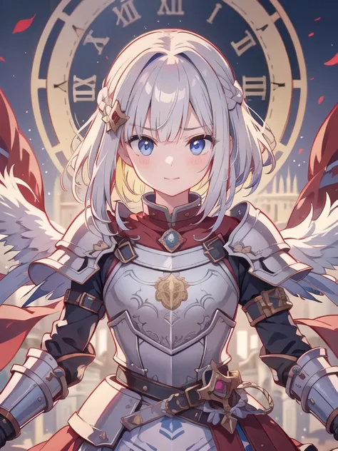 masterpiece、Clear blue eyes、Blonde、  Hair that gives off a very beautiful light  、Beautiful face、smile、 front view、Holding a big sword、Punk Hairstyles、 very short hairstyle 、 boyish、 One girl 、Machine World、Lots of clock towers、Silver Armor、 Ruby relief em...