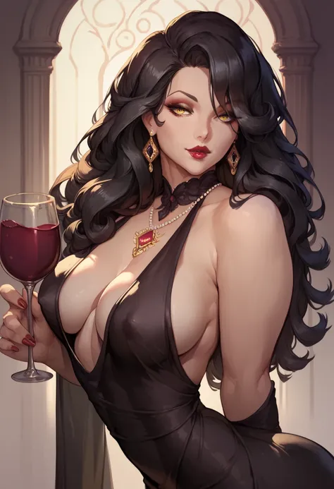 Beuatiful woman, long black hair, straight bangs down, yellow eyes, black ornamented dress, mature woman, medium breasts, red lips, sexy woman, clevage, voluptuous body, makeup, elegant woman, glass of wine.