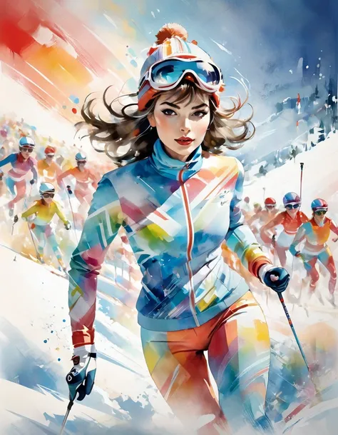 Female model in ski sprint, Horizontal baby bangs, fringe hair, super cute. Stylish graphic design, modern collage made from random motifs cut out from fashion and astronomical magazines. Skisprint advertisement, Dynamic Motion, high-end fashion illustrati...