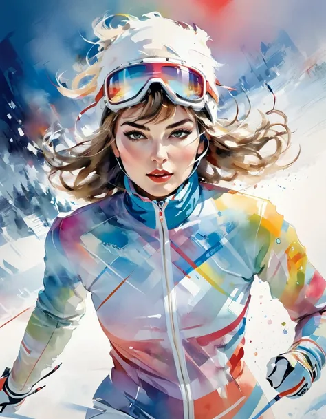 Female model in ski sprint, Horizontal baby bangs, fringe hair, super cute. Stylish graphic design, modern collage made from random motifs cut out from fashion and astronomical magazines. Skisprint advertisement, Dynamic Motion, high-end fashion illustrati...