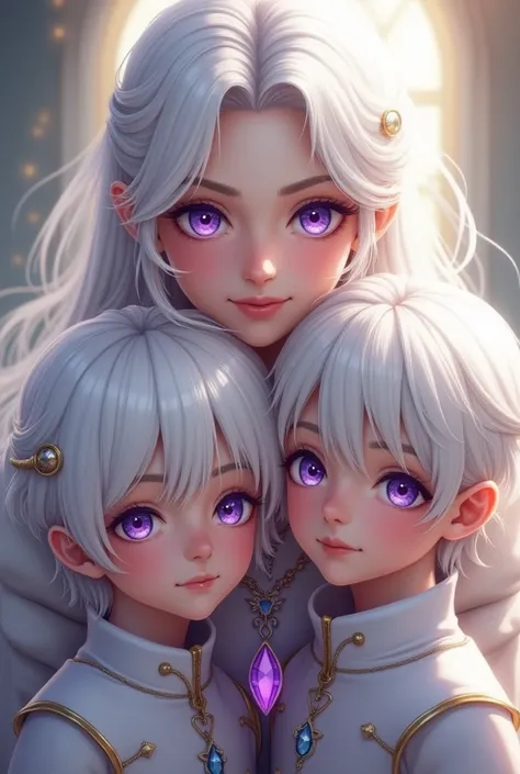 Fille de laenor velaryon, cheveux blanc et yeux violets, avec ses deux fils, cheveux blancs et yeux violets, heureux 