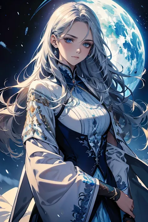 1 female, gentle, elegant，Intellectual，noble，aldult, beauty,  Silver long hair , ice blue eyes，Exquisite facial details， Delicate Eyes , Royalties, magician, Ice and Snow Magic ， wears blue and silver Western-style clothing，Silver embroidery on clothes ,  ...