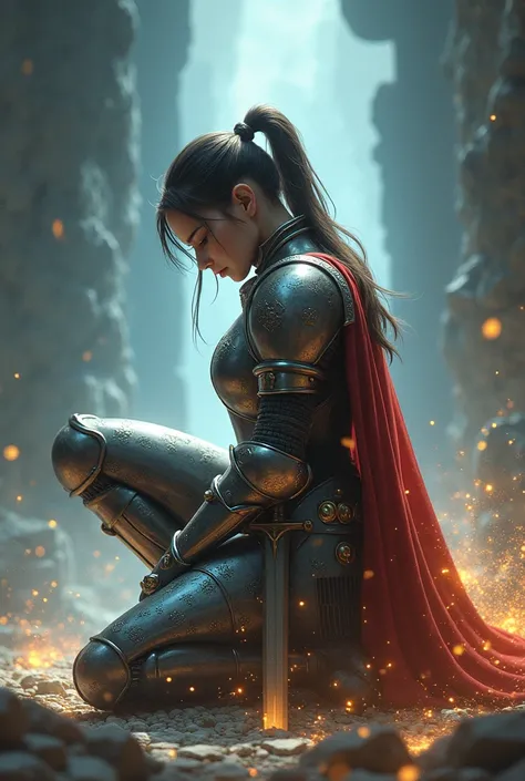 weapon, alone, armor, sword, ponytail, 1 girl, knight, one knee, crouching, gauntlets, with head bowed sword in hand nailed to the ground with spiritual warfare background