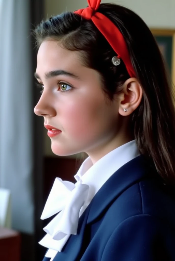 (very realistic photography),(masterpiece, best quality:1.3), 1girl, (alone), from just her side, her beautiful profile,
((young Jennifer Connelly)),(at age 15),
she wear in tidy dark blue high school blazer uniform and immaculate white blouse with large w...