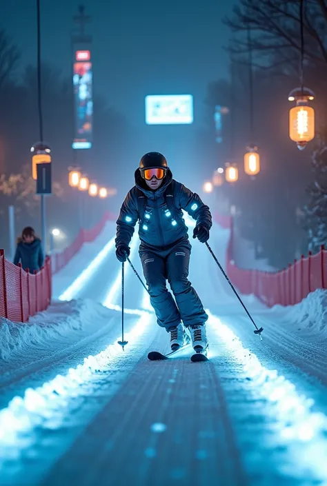 On the ski track of the future world, a skier wearing high-tech equipment is skiing at high speed. His clothing is equipped with LED lights, creating a bright light path in the darkness. The surrounding environment blends modern architecture and natural la...