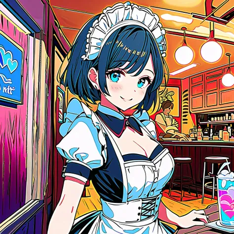 lineart, infrared filter, {worst quality, low-quality}, Photo of a girl in a maid cafe, make a heart shape with youngers, wearing a french maid, white ruffle apron, push up chest corset, Beautiful sensual blue eyes, black hair, Welcome Smile, HDR, dark col...