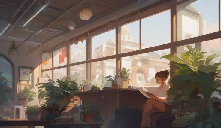 There is an 18-year-old girl. Oval face, pale skin without flushing, brown hair, bun hairstyle, wearing earphones. She is studying alone in her room and taking notes. The room is quiet and has a vintage interior with plants. Lighting with a warm atmosphere...