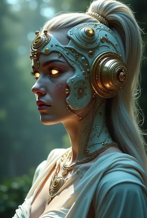 The goddess, Fortuna, glowing eyes, head to breast, silicone cybernetics. High Resolution, Masterpiece, Award Winning, Best Quality, High Details, High Quality, UHD, Optical Illusion, Impressionism, Art Deco, Cinematic, Cinematography, Futurism, Hyperreali...