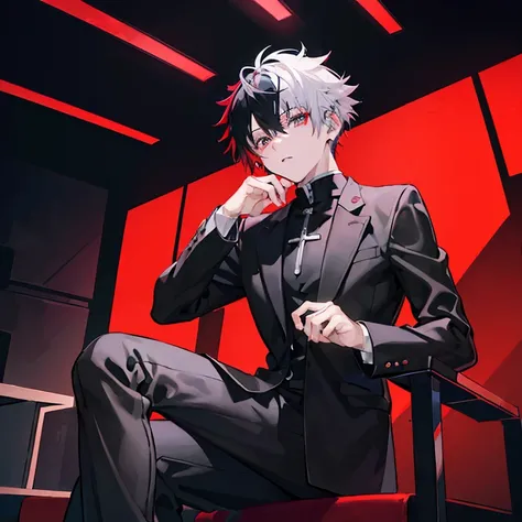   1 boy 、   beautiful eyes ((red))、 Multicolored Hair((  short、Half silver hair  、 Half black hair))、 black suit、 sit cross-legged、Black Room 