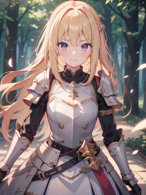 ( RAW photo,  top quality), ( anime-like : 1.2),  portrait of a blond 18-year-old woman , red eyes, (Sparkling Eyes),  a female knight in a fantasy world, Chainsaw with a black chest ,  white dress armor , A cheerful smile, ((Has a two-handed sword), Fores...