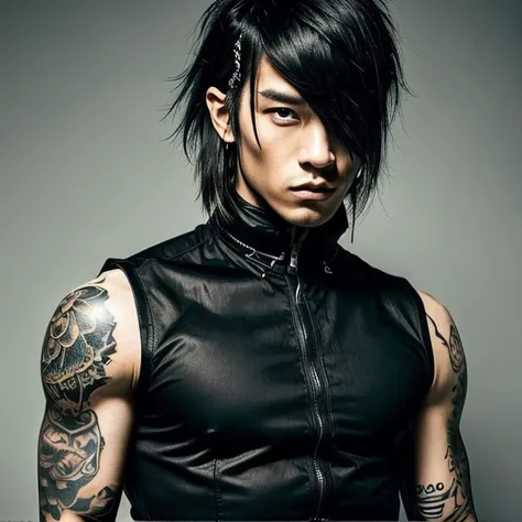 1 man, Japanese man, Male, Asian eyes,   muscular,  wide shoulders , Yakuza-Tattoos, Hairstyle Visual Kei style , Hair Visual Kei, black mens shirt and black pants,  ultra detailed face and eyes  , Hyperrealistic, realistic depiction,  long hair,  long hai...