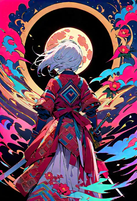 {worst quality, low-quality}, A vibrant and colorful illustration of an anime-style female samurai character with white hair, holding her sword in front of her face. She wears a traditional Japanese costume decorated with camellia, ((red full moon and came...