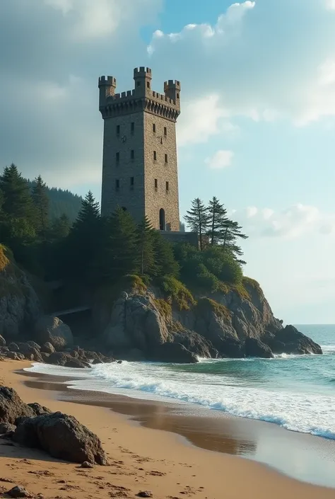 The image should not have people and should be set on a beach with a nearby forest,  the landscape is the tower in the form of a medieval lighthouse on a small sloping hill half destroyed vertically, is located on a beach .