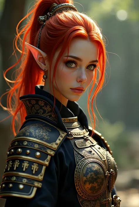 ultra high resolution, ((masterpiece))), (((best quality))), ((super detailed)),  ((extremely delicate and beautiful)),cinematic light, detailed environment(real),
elf princess, large breasts, (bright red hair, pulled back, floating hair:1.1), wearing sam...