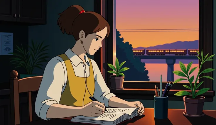 There is an 18-year-old girl. Oval face, pale skin without flushing, brown hair, bun hairstyle, wearing earphones. She is studying alone in her room and taking notes. The room is quiet and has a vintage interior with plants. Lighting with a warm atmosphere...