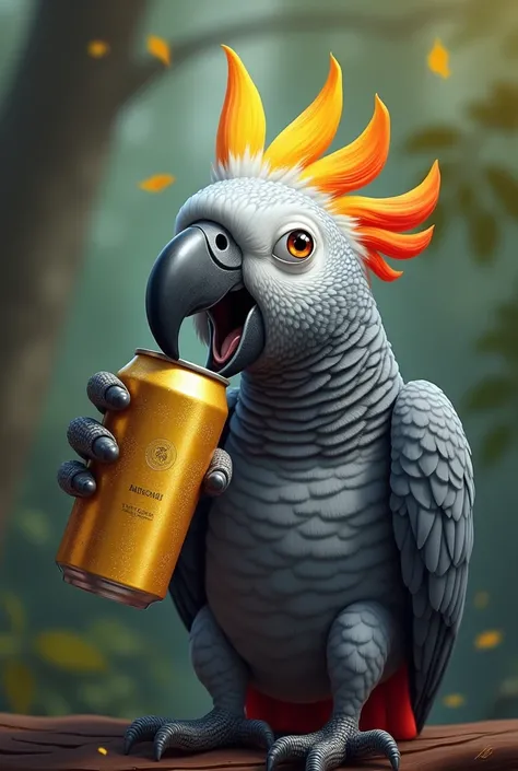 Un jolie perroquet gris du Gabon animé entrain de boire une canette de bière 