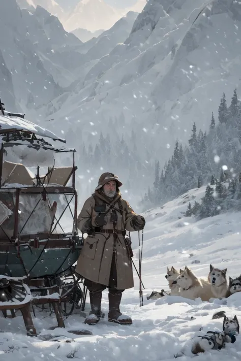  An old explorer from the last century looking at his compass.  Surrounded by snowy mountains and a snowstorm all around. He looks small and confused. Behind a Siberian dog sled .