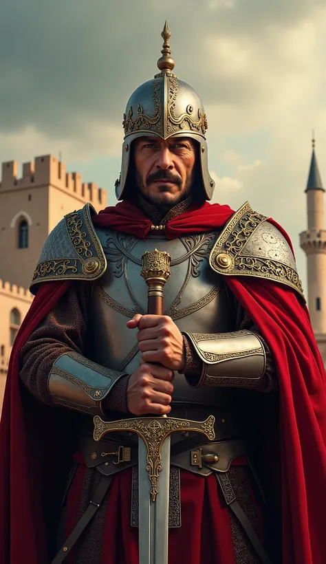 Create a cinematic and historical poster featuring Recep Tayyip Erdoğan depicted as a heroic and powerful leader. He is wearing a medieval Islamic war uniform similar to Salahaddin Eyyubi, including an intricately designed war helmet and armor. He holds an...