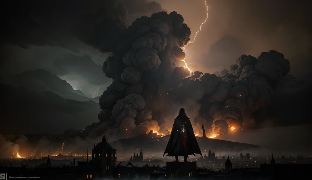 The city of Gondolin completely destroyed, with collapsed towers, broken statues and fire consuming the buildings. The streets are covered in debris, and the sky is dark, full of smoke and lightning. In the center, a lone figure (a survivor) watches the de...