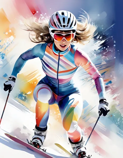 Female model in ski sprint, Horizontal baby bangs, fringe hair, super cute. modern collage made from random motifs cut out from fashion and astronomical magazines. Stylish graphic design, Skiing downhill, Dynamic Motion, high-end fashion illustration, wate...