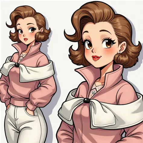 Preppy Anime cartoon girl 1950s Housewife wearing a Massive White Popped Collar Polo with a Pink sweater tied around shoulders being douche