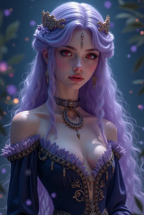 1 girl with light purple long wavy hair and red eyes,  looks at the camera and wears expensive medieval dress and jewelry . Night sky with stars in the background 