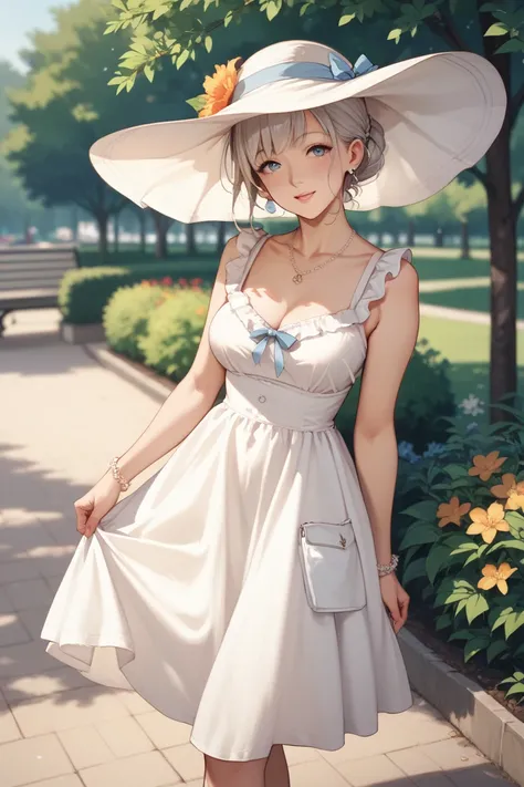 25-year-old woman in a sundress, in the park, anime style