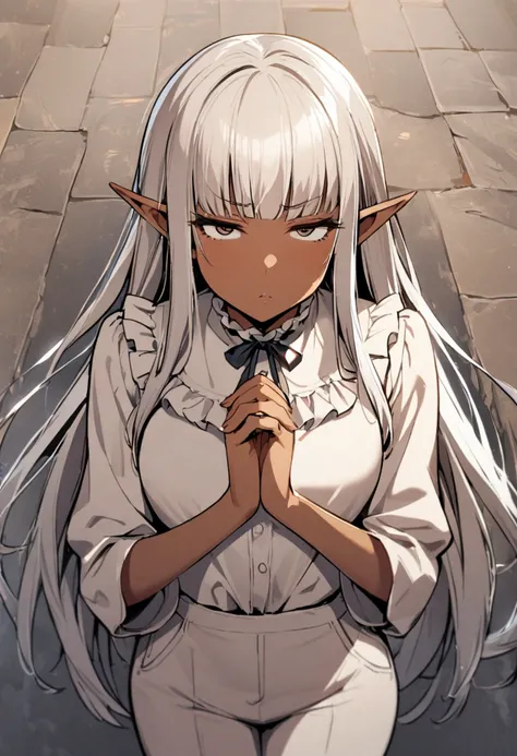 1girl,ruffle collar blouse,Tapered pants with tucks,Straight long hair with bangs,hands in front of chest,praying,squinting eyes,elf, pointed ear,tan skin,(tsurime:1.2),overhead shot,