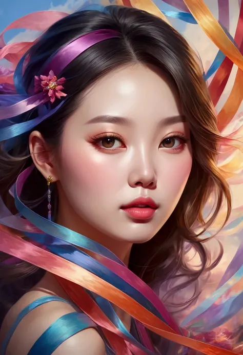 Chinese woman, face close-up, soaring female figure made of ribbons, smoke, in the sky, colorful and bright, mystical colors, modern impressionism, portraiture Yanjun Cheng, iridescent painting, 3/4 perspective view, cute face, low angle, wide swirling com...