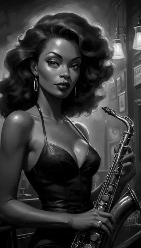 alabama bar, blue note, charismatic, baterist, guitarist, saxophonist, jazz band, bw, illustration, noir fantasy, sexy saxopianist lady,