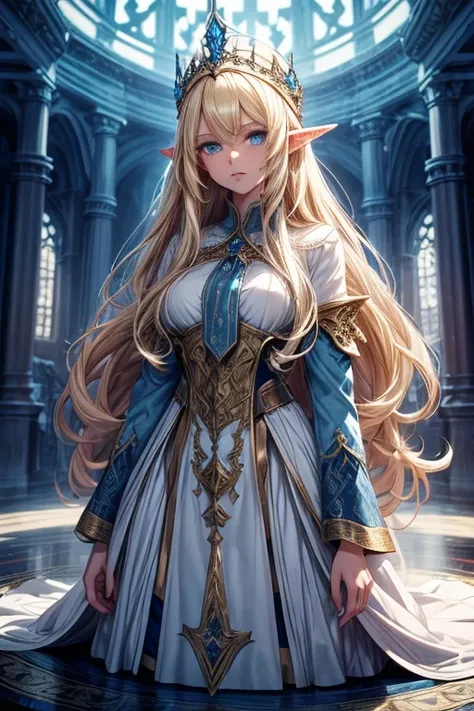 (High quality, masterpiece) elven queen, standing, dungeon,  ritualistic symbol on the floor below her  , long blond hair and curled ,  white collared dress with blue details, bright blue eyes, dark place 