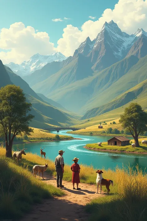  Make me a picture where they can be visualized: sun, cloud, river, laguna, stone, jalca , cerro, zorro, Deer, tree, ichu , grass,  chacra ,  old man , man, Women, , , young, WASI, hut, corral de sheeps, bridge, path, dog, sheep