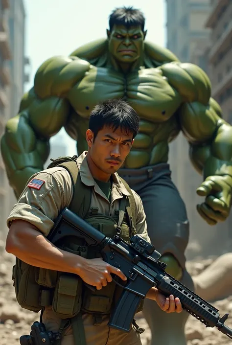 Tanned Japanese man in the US military、Holding an automatic rifle and looking nervous、eyes to the camera, bulletproof vest、Backpack、A detailed depiction of Hulk holding an automatic rifle in a post-apocalyptic setting. The focus should be on the realistic ...