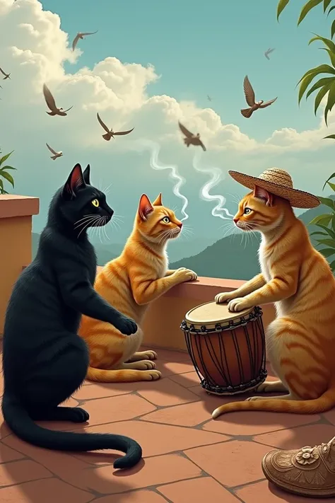  Herd of stray cats on the roof playing traditional music, playing juggling ,  smoking and having a lot of fun . Uno de los gatos debe ser de color negro y tocar el tambor y otro gato debe ser de color amarillo y Play Malabar  mientras fuma,  the rest of t...