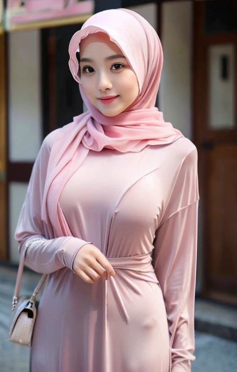 ((Taiwanese girl)), beautiful, cute, perfect sexy body, beautiful eyes, big breasts ((in hijab)), long thin pink hijab, ((clothing)), long dress, ultra thin long sleeves, ultra neat clothes,