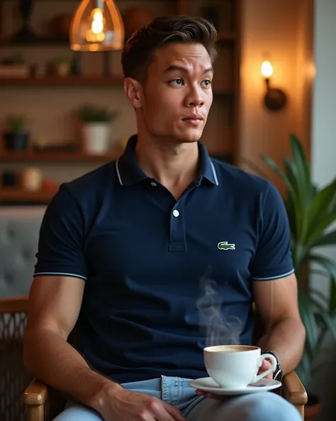 Imagine a guy in a navy blue Lacoste polo shirt, his gym-toned body filling it out perfectly. The shirt’s crisp lines complement his athletic build, while the iconic green crocodile logo adds a subtle touch of class. Hes sitting in a cozy cafe, a coffee in...