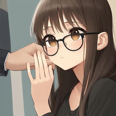 , the picture style is 「cartoon」， 28 year old girl ， looks weak ， Black Frame Glasses， Illustrator ，long hair，Loving ， Ultra HD， close-up upper body，Proportioned proportions「1:1」