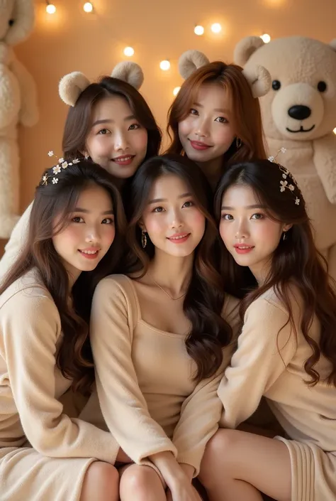 K pop girl group JUNA teddy bear concept photoshoot 5 girls Korean with beautiful hair beige and brown color