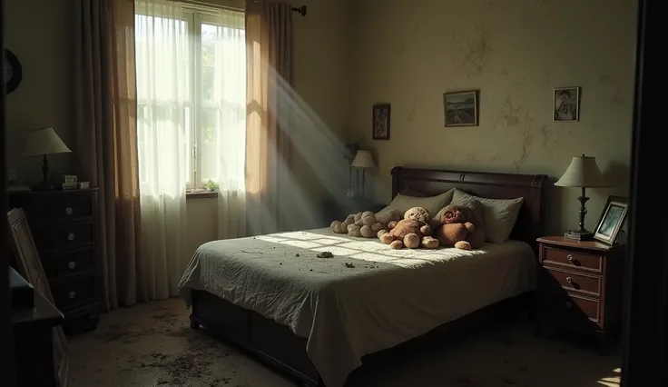  A dusty, dimly lit bedroom with sunlight filtering through heavy curtains. The scene highlights a neatly made bed with stuffed animals, a silver-framed photo of a smiling  on the nightstand, and faint traces of neglect.