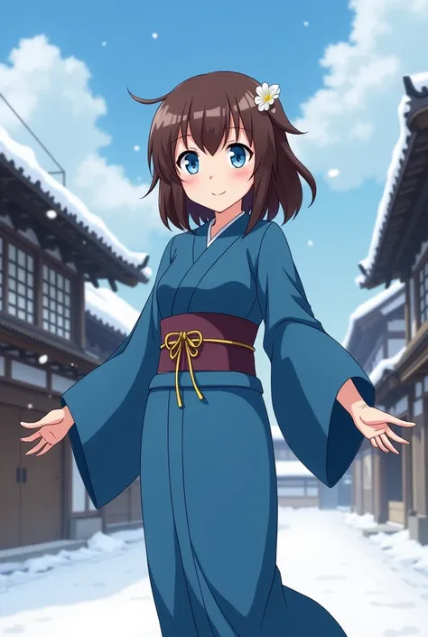 a beautiful girl, of Japanese nationality, with bright blue eyes, brown hair. She is wearing a blue kimono. She stands in a 20th-century Japanese village, under the snow, with her arm outstretched, standing near the house. in anime style