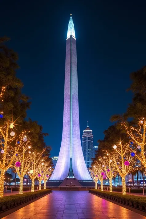 photo of the view of the monas monument in jakarta city with beautiful christmas decorations. Photography 6k ultra realistic